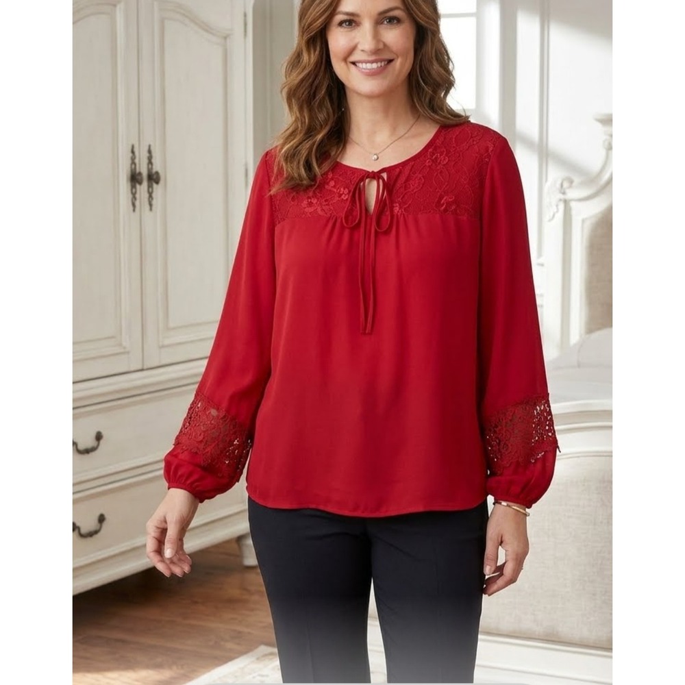 7th Avenue NY&Co Lace Tie Neck Blouse Women L Red Long Sleeve Top Boho Victorian